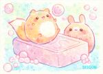  :3 :d animal animal_focus artist_name bisquii bubble chibi commentary fox legs_up no_humans open_mouth original painting_(medium) playing rabbit sitting smile sparkle traditional_media watercolor_(medium) 