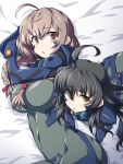  2girls 547th_sy :o all_fours bangs black_hair blush braid breasts brown_eyes covered_navel cowlick eyebrows_visible_through_hair fortified_suit from_above hair_behind_ear highres kantai_collection large_breasts long_hair lying mikazuki_(kancolle) multiple_girls muvluv muvluv_alternative muvluv_alternative_(anime) on_side open_mouth pilot_suit shinshuu_maru_(kancolle) twin_braids yellow_eyes 