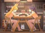  2girls :d alternate_costume alternate_hair_length alternate_hairstyle animal_ears barefoot black_hair blonde_hair bottle chair cup dinner drinking_glass earrings extra_ears eyebrows_visible_through_hair food indoors jewelry kaban_(kemono_friends) kemono_friends long_hair looking_at_another lucky_beast_(kemono_friends) matching_outfit multiple_girls open_mouth pajamas pants pink_pajamas pink_pants pink_shirt ponytail serval_(kemono_friends) serval_print shirt sitting slippers smile table tail toast_(gesture) wamawmwm wine_bottle wine_glass 