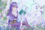  1girl absurdres asymmetrical_sleeves flower forest highres long_hair nature purple_hair qin_shi_ming_yue shao_siming_(qin_shi_ming_yue) shao_siming_guang_wei skirt thigh-highs tree vegetation veil violet_eyes 