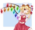  1girl :d ascot blonde_hair breasts collared_shirt cowboy_shot crystal double_v eyebrows_visible_through_hair fang flandre_scarlet frilled_shirt_collar frilled_skirt frills hat hat_ribbon highres medium_hair midriff mob_cap navel one_eye_closed open_mouth puffy_short_sleeves puffy_sleeves rainbow red_eyes red_ribbon red_shirt red_skirt ribbon s_vileblood shirt short_sleeves side_ponytail skirt small_breasts smile solo touhou v white_headwear white_sleeves wings wrist_cuffs yellow_ascot 