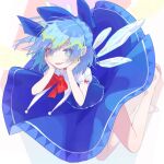  1girl absurdres bare_legs barefoot blue_bow blue_eyes blue_hair blue_skirt blue_vest bow cirno collared_shirt fairy fang hair_between_eyes hair_bow highres ice ice_wings open_mouth puffy_short_sleeves puffy_sleeves shirt short_hair short_sleeves skin_fang skirt smile solo teruteru_(teru_teru) touhou vest white_shirt wings 