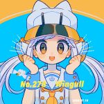  1girl bangs blush brown_eyes character_name dated eyebrows_visible_through_hair hat highres looking_at_viewer mameeekueya open_mouth personification pokemon pokemon_(creature) smile swept_bangs teeth twintails twitter_username upper_body upper_teeth white_hair white_headwear wingull wrist_cuffs 