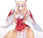  1girl absurdres animal_ear_fluff animal_ears armpits arms_up blonde_hair blue_eyes blush detached_sleeves fang flower fox_ears fox_girl fox_tail hakama hakama_skirt highres japanese_clothes long_hair miko ml04_(malang22) multiple_tails open_mouth original red_hakama red_skirt shirt simple_background skirt smile solo tail thigh-highs thighs white_background white_legwear white_shirt wreath 