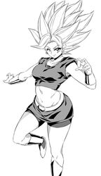  1girl big_hair bike_shorts breasts closed_mouth collarbone crop_top dragon_ball dragon_ball_super earrings floating highres jewelry kale_(dragon_ball) looking_at_viewer medium_breasts midriff navel rom_(20) skirt smile solo spiky_hair super_saiyan 