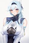  1girl bare_shoulders blue_hair bodysuit breasts eula_(genshin_impact) genshin_impact hairband highres large_breasts lips navel skindentation solo tommy_(kingdukeee) upper_body 