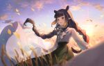  1girl :d bangs black_hair blue_sky blurry blurry_foreground braid brown_hair center_frills clouds commentary_request depth_of_field eyebrows_visible_through_hair frills gradient_hair green_skirt hololive hololive_english long_hair long_sleeves looking_away multicolored_hair ninomae_ina&#039;nis outdoors pointy_ears puffy_long_sleeves puffy_sleeves shinia shirt skirt sky smile solo sunset twin_braids twintails very_long_hair violet_eyes virtual_youtuber white_shirt 