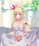  1girl absurdres blonde_hair blue_eyes breasts bride dress flower gloves hair_flower hair_ornament highres hornet_(warship_girls_r) lanyue large_breasts long_hair pink_flower ponytail sleeveless sleeveless_dress solo strapless strapless_dress warship_girls_r wedding_dress white_dress white_gloves 