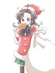  1girl ahoge black_hair coat double_bun food forehead green_hair hat holding holding_food kantai_collection makinami_(kancolle) miko_(35nikomi) multicolored_hair pom_pom_(clothes) red_coat santa_costume santa_hat simple_background turkey_(food) upper_body white_background white_bag 