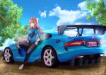  1girl absurdres alternate_costume bag black_bag black_legwear black_pants blue_shirt brown_hair car day doki_doki_literature_club green_eyes ground_vehicle highres leggings long_hair long_sleeves mi_tarou0412 monika_(doki_doki_literature_club) motor_vehicle pants ponytail pose ribbon shirt shoes smile tree vehicle_focus white_ribbon 