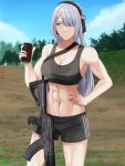  abs ak-15 ak-15_(girls&#039;_frontline) bangs black_shorts black_sports_bra can cola cyka drink girls_frontline gun headband highres holding holding_drink kalashnikov_rifle long_hair muscular muscular_female rifle shorts sky soda soda_can sports_bra target tree weapon white_hair 