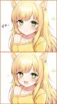  1girl :3 :d animal_ears bangs blonde_hair blush closed_mouth collarbone commentary commission expressions eyebrows_visible_through_hair facial_mark fox_ears fox_girl green_eyes highres long_hair looking_at_viewer off_shoulder original pixiv_request shiny shiny_hair single_bare_shoulder smile spaghetti_strap sparkle star-shaped_pupils star_(symbol) sweater symbol-shaped_pupils upper_body v-shaped_eyebrows white_background yellow_sweater zky_(oekaky) 