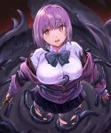  1girl :d aqua_bow aqua_bowtie azur_lane bangs black_skirt bow bowtie boxcutter breasts button_gap collared_shirt commentary_request eyebrows_visible_through_hair full_body gridman_universe hair_between_eyes highres holding_boxcutter jacket large_breasts light_blush liquid long_sleeves looking_at_viewer miniskirt off_shoulder open_mouth pantyhose partially_unzipped pink_hair pleated_skirt purple_jacket red_background red_eyes restrained rigging sakamoto_(ojiojiojisanda) school_uniform shinjou_akane shirt short_hair sidelocks skirt smile solo ssss.gridman standing tentacles tentacles_under_clothes torn_clothes torn_legwear white_shirt 