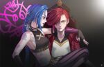  2girls arcane:_league_of_legends bangs bare_shoulders black_shirt blue_eyes blue_hair braid breasts brown_gloves brown_pants character_name closed_mouth cloud_tattoo collarbone detached_sleeves drawing fingerless_gloves gloves hair_over_one_eye highres jacket jinx_(league_of_legends) league_of_legends long_hair looking_at_viewer multiple_girls open_clothes open_jacket pants pink_nails red_jacket red_lips redhead shirt short_hair sleeveless small_breasts stomach striped striped_pants striped_sleeves twin_braids two-tone_shirt vi_(league_of_legends) white_shirt ypa_(mzyk5255) 