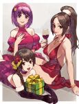  3girls asamiya_athena box braid braided_ponytail breasts brown_hair cup dress drinking_glass gift gift_box highres jewelry long_hair multiple_girls necklace oni_gini purple_hair shiranui_mai short_hair the_king_of_fighters the_king_of_fighters_xv wine_glass yuri_sakazaki 