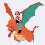  1boy baseball_cap belt_buckle black_hair black_shirt buckle charizard closed_mouth commentary_request fire flame grey_background hat jacket jaho male_focus open_clothes open_jacket pants pokemon pokemon_(creature) pokemon_(game) pokemon_rgby red_(pokemon) red_headwear riding riding_pokemon shirt shoes short_hair smile spiky_hair white_footwear 