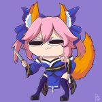  1girl animal_ear_fluff animal_ears bangs black_eyes blue_bow blue_dress bow dress drogo_doggo fate/extra fate/grand_order fate_(series) fox_ears fox_girl fox_tail full_body gesture highres japanese_clothes knife pink_hair purple_background tail tamamo_(fate) tamamo_no_mae_(fate/extra) |w| 