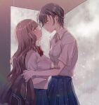  2girls asagiri_(pixiv_#22801616) blue_skirt bra_visible_through_clothes from_side highres long_hair looking_at_another mole mole_under_eye multiple_girls original rain school_uniform shirt short_hair skirt wet wet_clothes wet_shirt yuri 