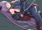  1girl azur_lane bangs black_gloves blood blood_on_clothes blue_eyes blue_legwear breasts brown_nails chain closed_mouth elbow_gloves eyebrows_visible_through_hair feet_out_of_frame fingerless_gloves glasses gloves gneisenau_(azur_lane) gneisenau_(meta)_(azur_lane) hat highres large_breasts long_hair looking_at_viewer military_hat nail_polish on_floor p.i.t.d purple_hair restrained sideboob simple_background solo thigh-highs uniform 