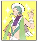  1boy aqua_vest bangle bracelet capelet commentary_request crop_top green_eyes green_hair grin hand_up hat jaho jewelry male_focus one_eye_closed pants pokemon pokemon_(game) pokemon_oras purple_shirt shirt short_hair skin_tight sleeveless sleeveless_shirt smile solo sparkle w wallace_(pokemon) white_capelet white_headwear white_pants 
