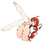  1girl bare_shoulders breasts bunching_hair eris_greyrat feet feet_up highres long_hair mushoku_tensei no_shoes open_mouth panties pink_panties red_eyes redhead sbel02 small_breasts soles thick_eyebrows thigh-highs underwear undressing white_background white_legwear 