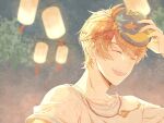  1boy :d bangs closed_eyes festival highres holding holding_mask jewelry jiukuzi18797 key lantern luke_pearce_(tears_of_themis) mask necklace night night_sky open_mouth orange_hair outdoors shirt short_hair short_sleeves sky smile solo tears_of_themis teeth tree white_shirt 