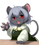 animalization black_dress blue_collar blush body_fur collared_shirt furrification furry furry_female gray hair_ornament hand_up jewelry long_tail looking_at_viewer mammal mouse_ears mouse_tail nazrin nazrin_(cosplay) no_humans open_mouth original paws rat red_eyes small_nose teeth touhou transparent_background unknown_artist white_sleeves