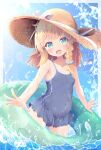  1girl blonde_hair blue_eyes blue_skirt blue_swimsuit braid clouds hat innertube looking_at_viewer miniskirt one-piece_swimsuit open_mouth original outdoors pirason short_hair skirt sky smile solo sun_hat swimsuit swimsuit_skirt wading water 