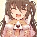  1girl animal_hug bangs blush bone_hair_ornament brown_hair chinese_commentary closed_eyes commentary_request dog facing_viewer hair_ornament highres long_hair mole mole_under_eye one_side_up open_mouth original smile solo tongue tongue_out upper_body yellowpaint. 