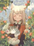  1girl animal_ears bangs blush buttons cat cat_ears cat_girl closed_eyes dress facing_viewer flower highres holding leaf medium_hair oimo_imoo original outdoors smile solo 