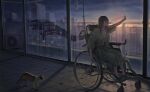  1girl absurdres animal backlighting cat full_body hand_on_glass highres hospital_gown indoors intravenous_drip iv_stand lips long_hair namako_mikan original outstretched_arm outstretched_hand sandals scenery sky spread_fingers tile_floor tiles twilight wheelchair window 