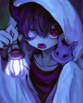  1boy animal animal_on_shoulder bangs bunny_on_shoulder cloak ear_piercing english_commentary fangs hair_between_eyes hair_ornament hairclip halloween heterochromia holding holding_lantern hood hood_up hooded_cloak horns hzk_(user_kemd2843) jewelry lantern looking_at_viewer male_focus multicolored_hair open_mouth original piercing purple_hair rabbit red_eyes red_shirt redhead shirt simple_background single_horn stitched_face stitches tongue tongue_out upper_body white_cloak white_eyes 