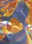  blue_eyes blurry bubble clouds commentary_request ham_(ha_inu_mu_0) highres no_humans open_mouth outdoors pokemon pokemon_(creature) primarina sky smile solo twilight 