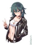  1girl alternate_costume anchor_symbol belt black_jacket blush breasts choker cowboy_shot crop_top ebifurya eyebrows_visible_through_hair green_eyes green_hair hand_in_pocket heterochromia highres jacket kantai_collection kiso_(kancolle) leather leather_jacket looking_at_viewer one-hour_drawing_challenge pants short_hair small_breasts solo twitter_username v white_background yellow_eyes 