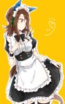  1girl alternate_costume animal_ears apron brown_hair cowboy_shot ear_covers enmaided frilled_apron frilled_cuffs frilled_skirt frills green_ribbon hair_ribbon horse_ears horse_girl horse_tail king_halo_(umamusume) maid maid_apron maid_headdress medium_hair ninjin_nouka puffy_short_sleeves puffy_sleeves red_eyes ribbon short_sleeves skirt skirt_hold solo tail thigh-highs umamusume waist_apron yellow_background 