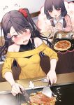  1girl bare_shoulders black_hair breasts cooking food hair_ornament hair_scrunchie looking_at_viewer looking_down medium_breasts open_mouth original red_eyes red_scrunchie scrunchie smile tokuno_yuika 