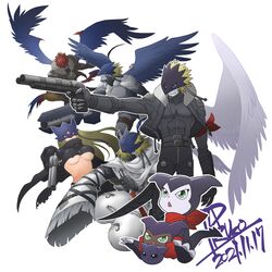  1girl 2others 4boys aiming arm_scarf armor baalmon bandages bangs beelstarmon beelzebumon beelzebumon_x belt belt_collar black_belt black_bodysuit black_gloves black_jacket black_mask black_pants black_scarf black_wings blonde_hair bodysuit breasts brown_belt cloak collar commentary_request crop_top cropped_jacket cropped_vest dated digimon digimon_(creature) fang floating floating_hair full_body fur-trimmed_jacket fur_trim gauntlets gloves green_eyes gun hair_between_eyes hair_over_one_eye highres holding holding_gun holding_sword holding_weapon impmon jacket keemon large_breasts leather leather_jacket long_hair long_sleeves looking_at_viewer looking_to_the_side mask multiple_boys multiple_others open_clothes open_jacket pants parted_lips paruko_(baalbeel11) red_eyes red_gloves red_mask red_scarf scarf short_hair sidelocks signature simple_background single_gauntlet sitting smile spikes standing stomach sword tail third_eye triangle_mouth turban under_boob vest weapon white_background white_pants wings yarmon zipper 