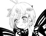  1girl antennae blush butterfly_wings closed_mouth dress eternity_larva eyebrows_visible_through_hair fairy greyscale hair_between_eyes leaf leaf_on_head monochrome multicolored_clothes multicolored_dress portrait short_hair short_sleeves simple_background solo suzushiro_(daikon793) touhou white_background wings 