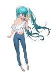  1girl :d absurdres aqua_eyes aqua_hair bare_shoulders blue_pants collarbone cookie cool_est cream cream_on_face crepe denim flat_chest floating_hair food food_on_face food_wrapper frilled_skirt frills fruit full_body hair_between_eyes hair_ornament hand_up hatsune_miku highres holding holding_food jeans long_hair looking_at_viewer midriff navel off-shoulder_shirt off_shoulder pants sandals shirt side-tie_shirt simple_background skirt smile solo standing strawberry twintails very_long_hair vocaloid white_background white_footwear wrist_extended 