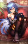 1girl absurdres artist_name bangs bare_shoulders bed black_legwear blue_gloves blue_hair breasts closed_mouth collarbone cow_horns eyebrows_visible_through_hair feet full_body ganyu_(genshin_impact) genshin_impact gloves hair_between_eyes highres horns large_breasts long_hair long_sleeves looking_at_viewer misa_pika no_shoes pantyhose sideboob sitting smile solo toes violet_eyes 