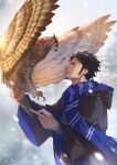  1boy animal bam7738 bangs bird black_hair blue_scarf coat earrings envelope facial_hair goatee highres holding jewelry male_focus one_piece outdoors owl profile scarf sideburns smile snow solo trafalgar_law wide_sleeves 