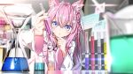  1girl akira_irodori animal_ears blurry blurry_background blush commentary_request hakui_koyori highres hololive labcoat long_hair looking_at_viewer navel necktie paper pink_hair solo table test_tube thinking violet_eyes virtual_youtuber 