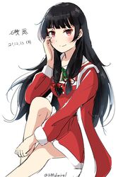  168admiral_(sunflower) 1girl alternate_costume black_hair character_name coat dated dress fur-trimmed_dress fur_trim hair_ribbon highres invisible_chair isokaze_(kancolle) kantai_collection long_hair looking_at_viewer one-hour_drawing_challenge red_coat red_dress red_eyes ribbon simple_background sitting solo tress_ribbon white_background 