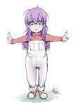  1girl dr._slump glasses green_eyes kon-kit long_hair looking_at_viewer norimaki_arale outstretched_arms overalls purple_hair signature simple_background smile solo spread_arms suspenders white_background 