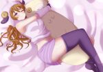  1girl absurdres animal_costume bangs birthday breasts commentary highres konoe_kanata large_breasts long_hair love_live! love_live!_nijigasaki_high_school_idol_club lying midriff navel object_hug on_side one_eye_closed orange_hair pukonuu purple_legwear sheep_costume solo stuffed_animal stuffed_sheep stuffed_toy thigh-highs violet_eyes 