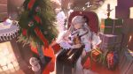  3girls absurdres arknights bangs brown_hair christmas christmas_ornaments christmas_present christmas_tree dragon_horns ear_piercing feather_hair gift grey_hair highres holding holding_gift horns ifrit_(arknights) long_hair ming_chen multiple_girls piercing saria_(arknights) short_hair silence_(arknights) sleeping snowman zzz 