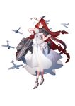  1girl absurdres aircraft airplane dress drill_hair flight_deck gloves hat high_heels highres holding holding_instrument instrument long_hair machinery red_eyes redhead sleeveless sleeveless_dress solo very_long_hair violin warship_girls_r white_dress white_gloves white_headwear yingxiong_abubu 