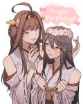 2girls ahoge black_hair brown_hair commentary_request detached_sleeves double_bun hair_ornament hairclip happy_birthday haruna_(kancolle) head_wreath headgear highres ikarin japanese_clothes kantai_collection kongou_(kancolle) long_hair multiple_girls ribbon-trimmed_sleeves ribbon_trim simple_background violet_eyes white_background 