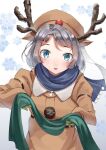  1girl animal_hood antlers black_scarf brown_coat coat cowboy_shot gradient gradient_background green_scarf grey_eyes grey_hair holding holding_clothes holding_scarf hood kaiboukan_no._30_(kancolle) kantai_collection looking_at_viewer mayura2002 official_alternate_costume reindeer_antlers scarf short_hair snowflakes solo white_background 