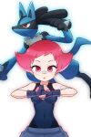  1girl :o bandaid bandaid_on_arm bandaid_on_nose bangs bodysuit breasts commentary_request eyelashes fingerless_gloves gloves hands_up highres looking_at_viewer lucario maylene_(pokemon) pink_eyes pink_hair pokemon pokemon_(creature) pokemon_(game) pokemon_dppt roozin short_hair 
